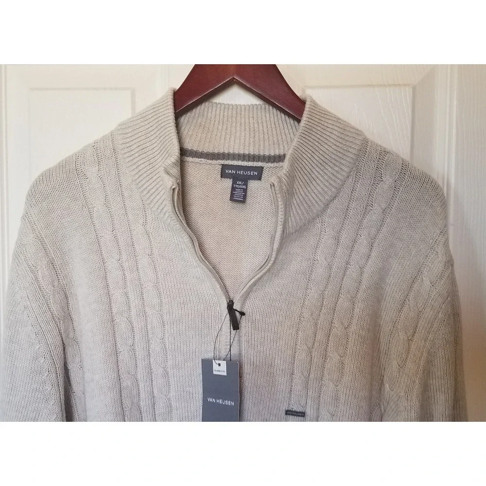 Van Heusen Sweater Men 2XL 1/4 zip Knit Pullover Classic Stone Casual Formal NEW